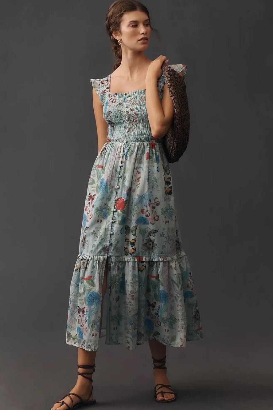 nwt by ANTHROPOLOGIE sz L The Peregrine Square Neck Midi Dress in light blue
